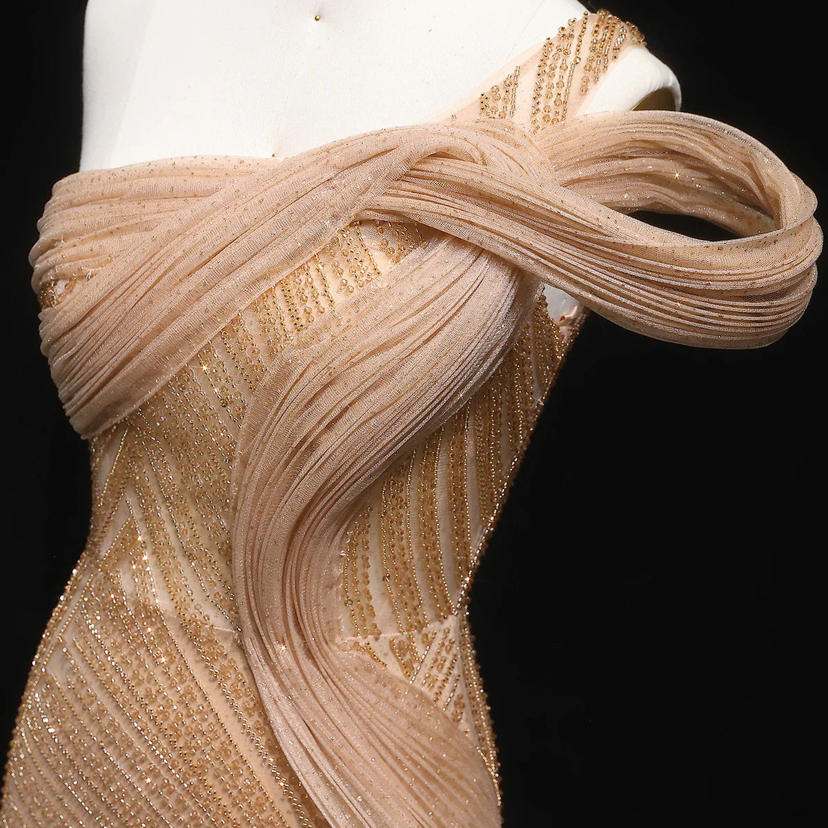 “Desert Glow” Gown – Sculpted Design with Golden Beading