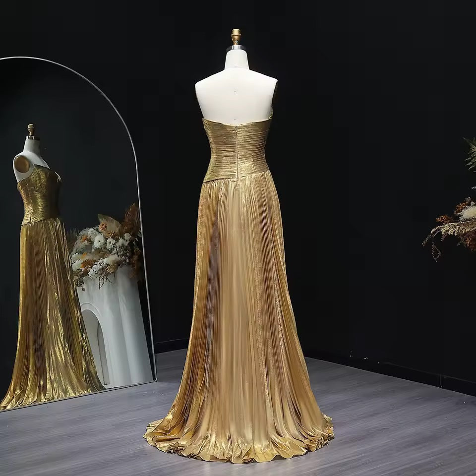 “Gleaming Gold” Gown – Strapless Metallic Pleated Dress with Sculpted Corset Bodice