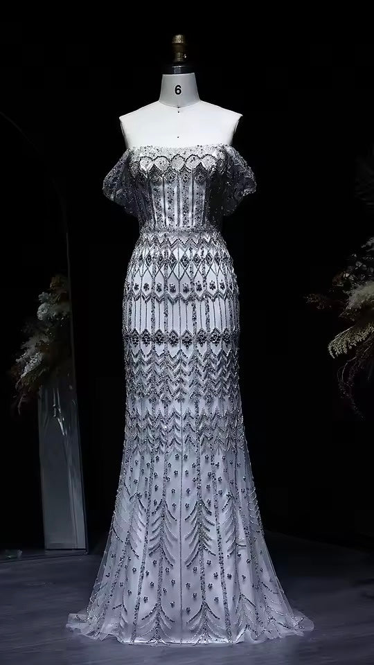 Crystal Glow” Gown – Off-shoulder embellished evening dress, available in two sleeve styles