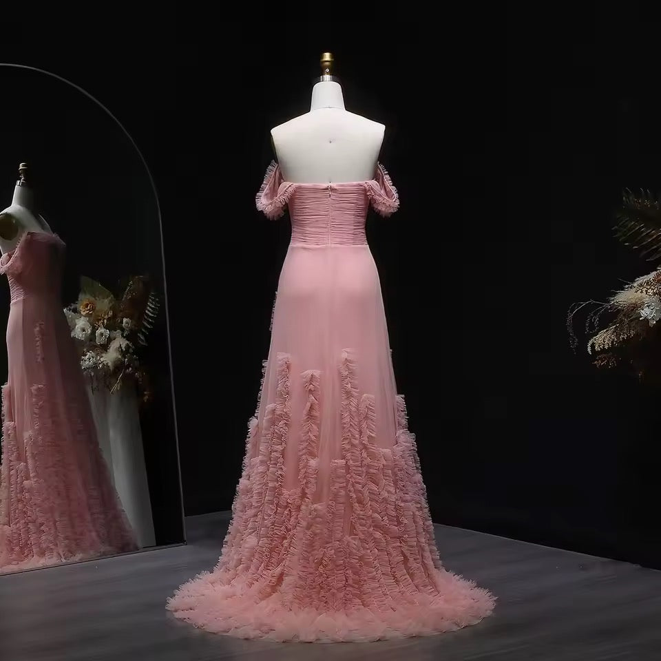 Pink tulle dress with soft pleated embroidery and feminine off-shoulder design