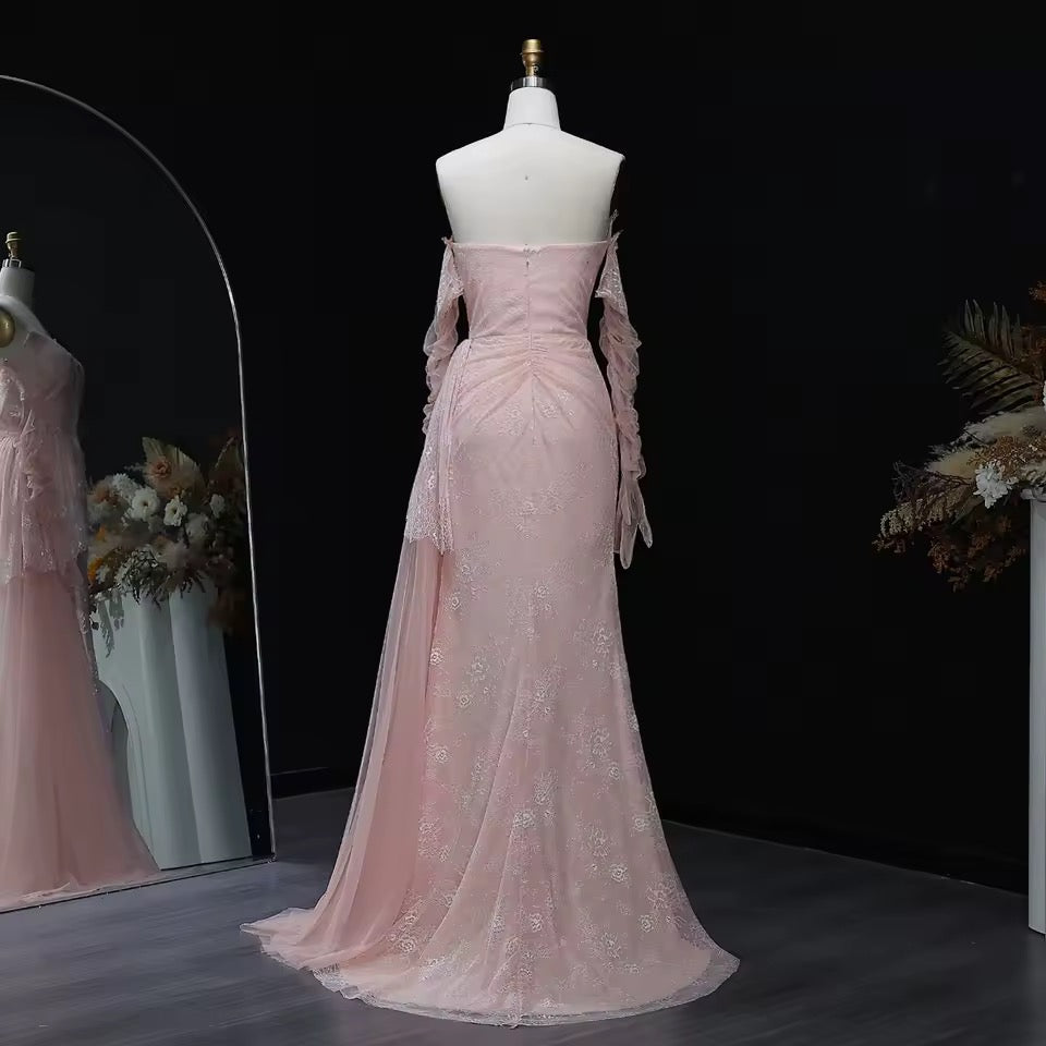 “Blush Orchid” Gown with Flowy Gloves and Draped Lace Detail
