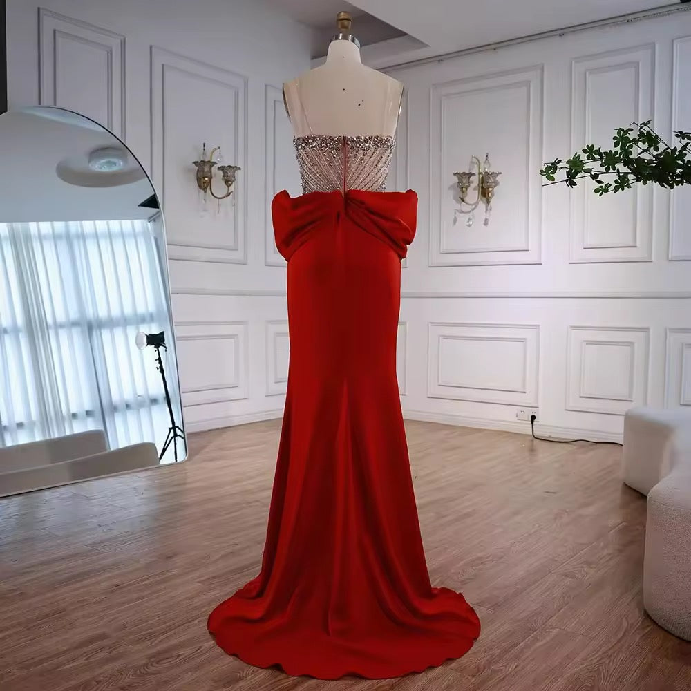 Red Evening Gown with Statement Bow & Luxurious Beading