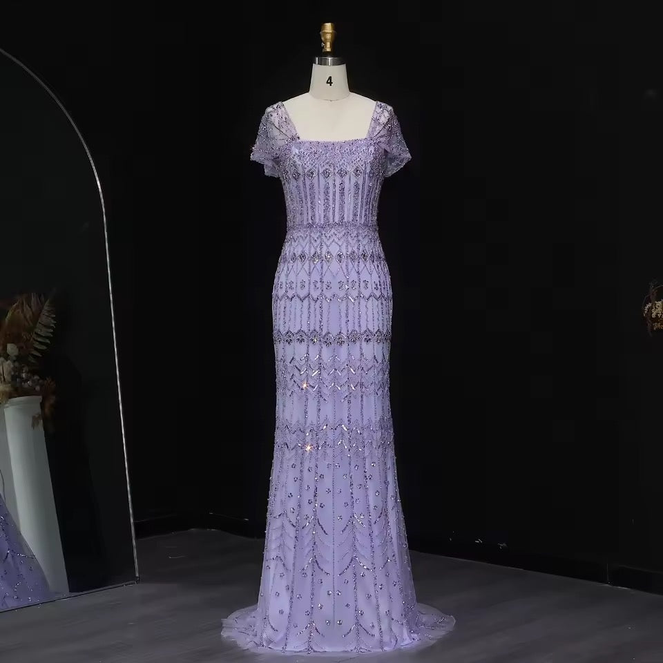 Crystal Glow” Gown – Off-shoulder embellished evening dress, available in two sleeve styles