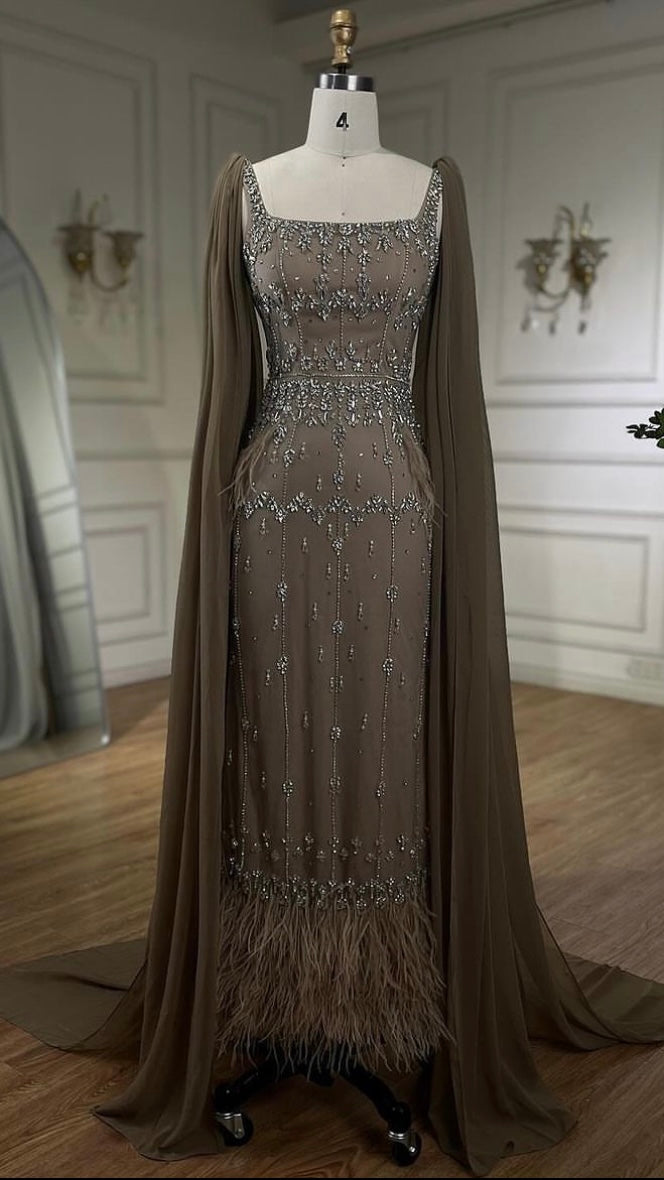 Luxury Beaded Evening Dress Ankle Length Elegant Feather