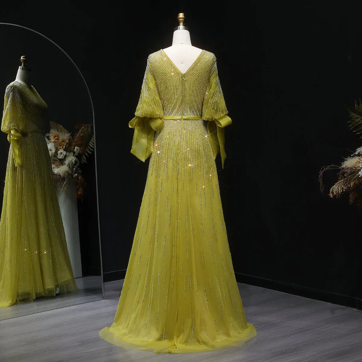 “Lumière Grace” Gown with Draped Sleeves and Vertical Crystal Beading