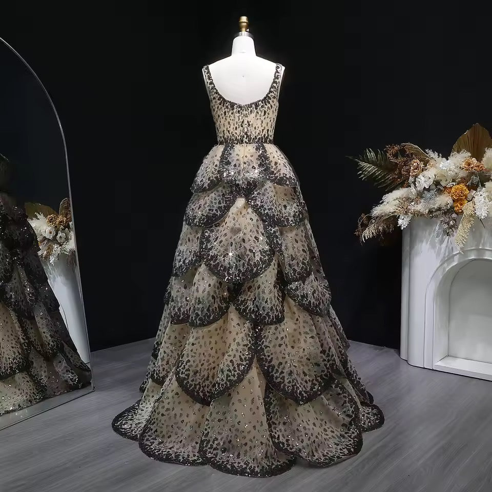 Luxury Champagne & Black Sequin Gown with Scalloped Tiers