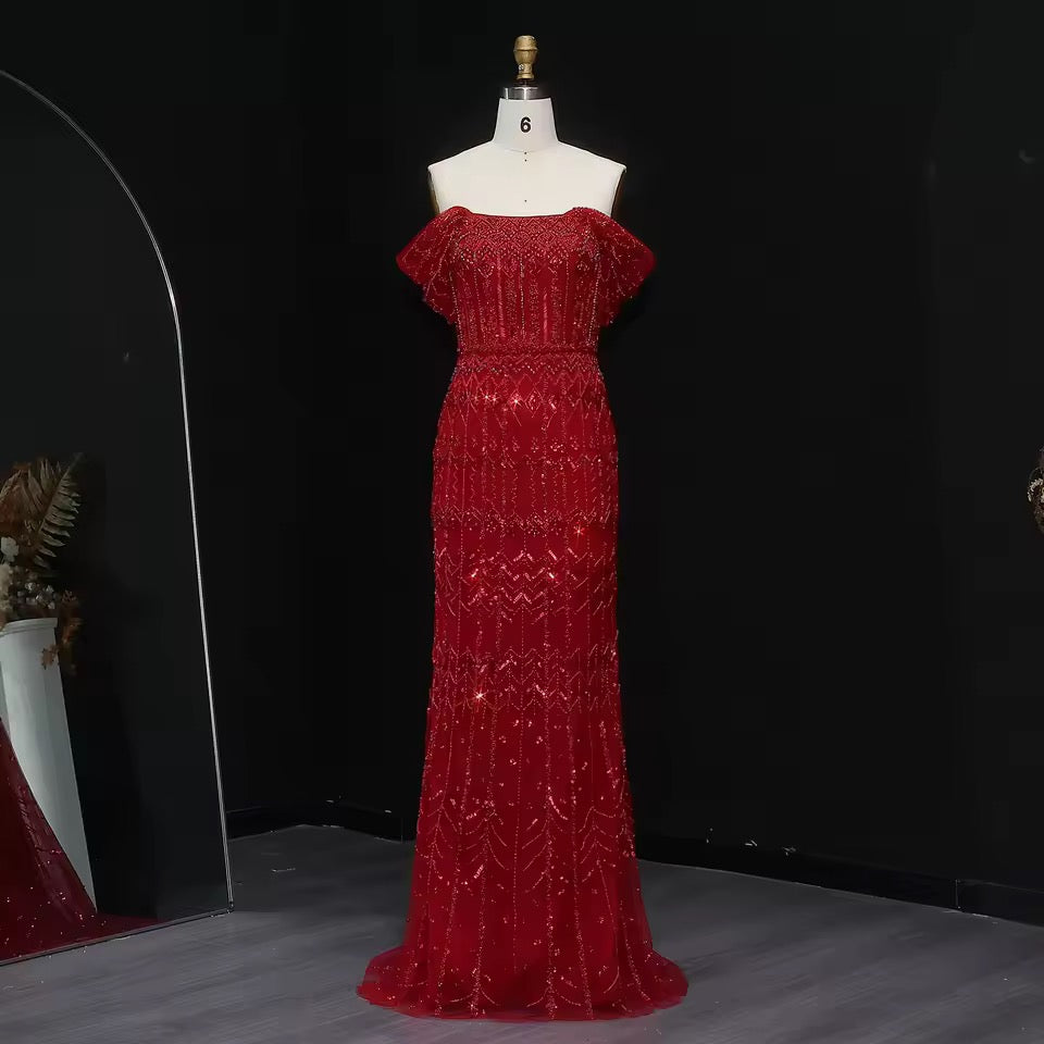Crystal Glow” Gown – Off-shoulder embellished evening dress, available in two sleeve styles