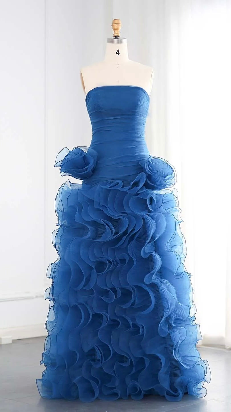 Blue Strapless Princess Evening Dress with Ruffles