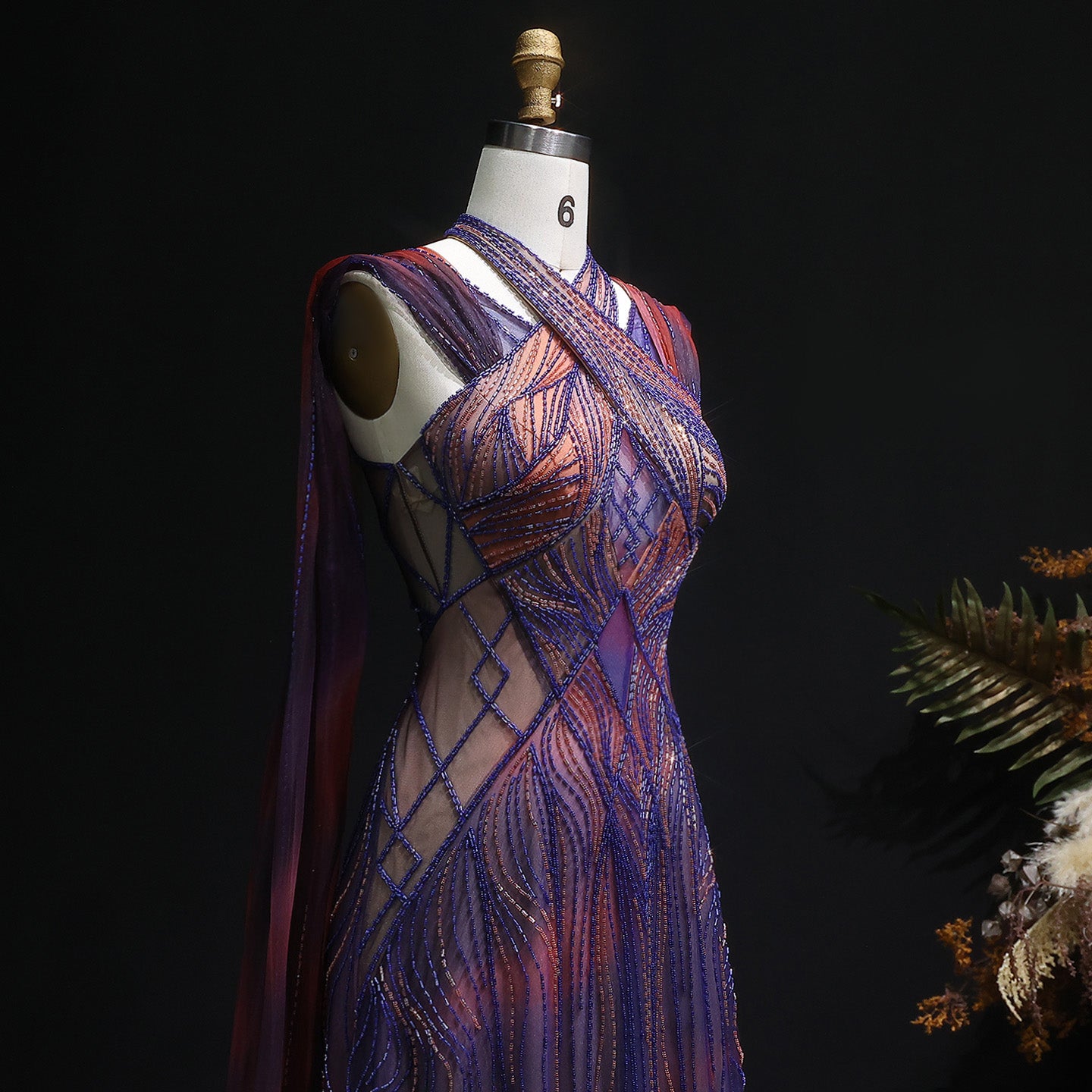 “Sunset Glow” Gown Hand Embroidered Luxury Dress in Violet & Fire Tones with Flowing Cape