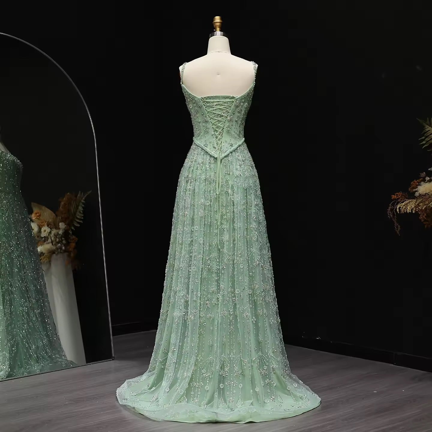Fully Embroidered Evening Gown with Luxurious Beading and Sparkling Finish – Lace-Up Back Design