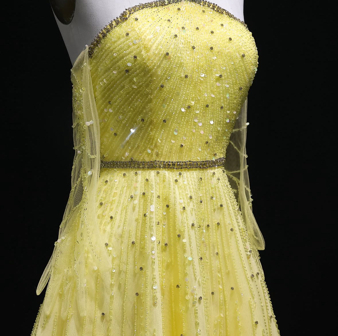 Yellow Beaded Dress with Gloves and Unique Neckline