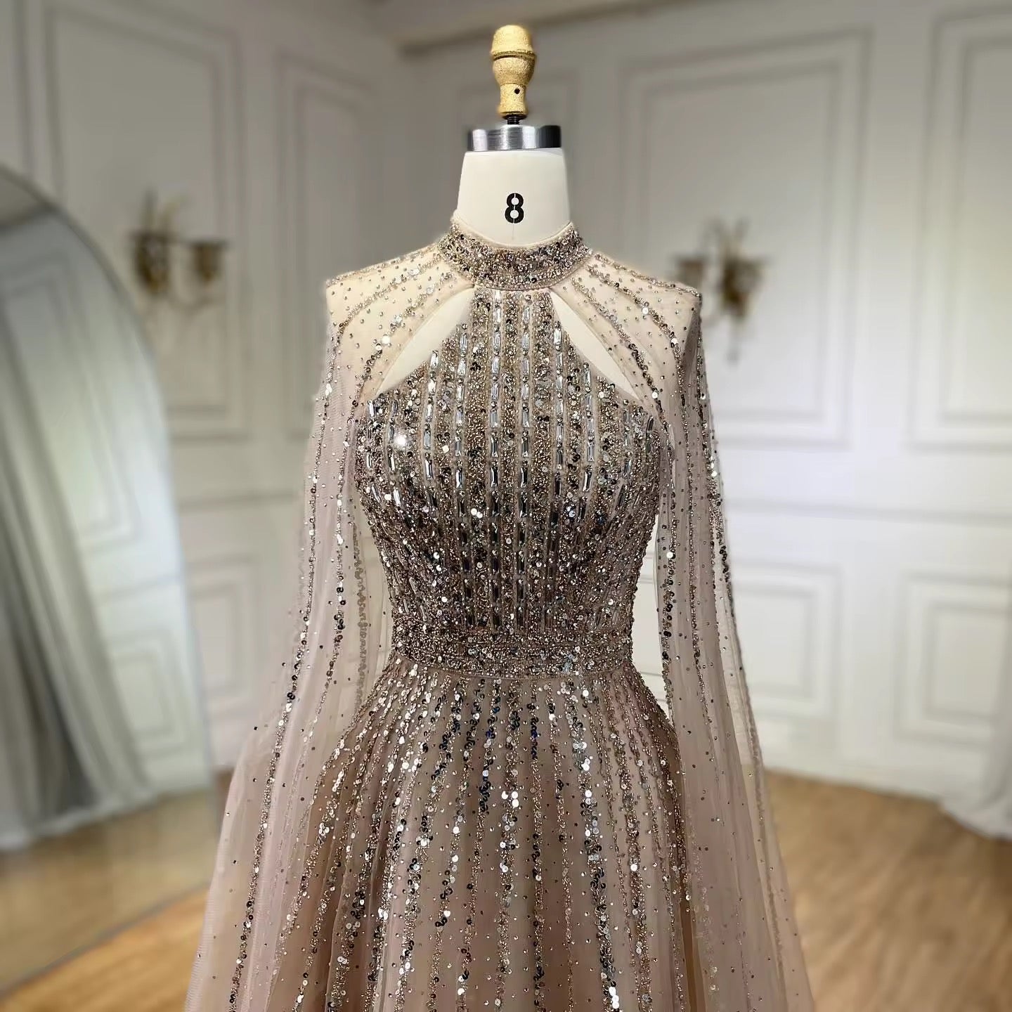 High-Neck Evening Gown with Sparkling Tulle Cape