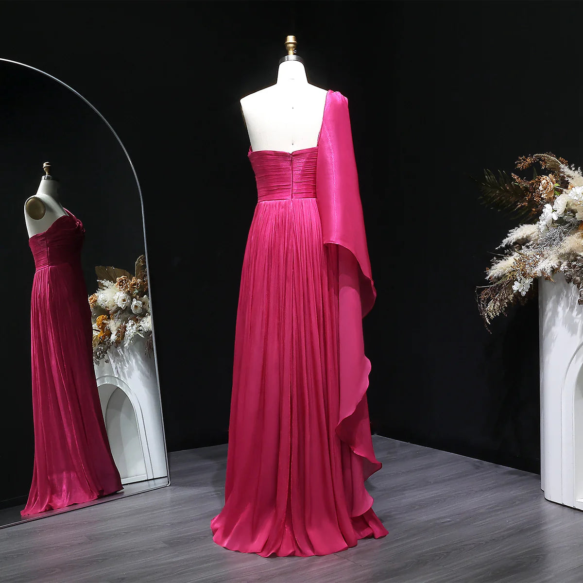 Metallic Ruched One-Shoulder Gown