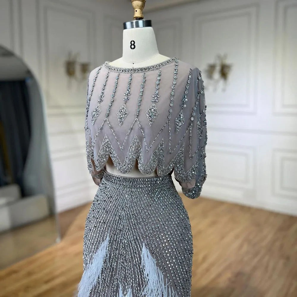 Luxury White Feathers Two Piece Ankle Evening Dress