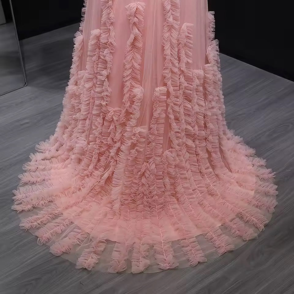 Pink tulle dress with soft pleated embroidery and feminine off-shoulder design
