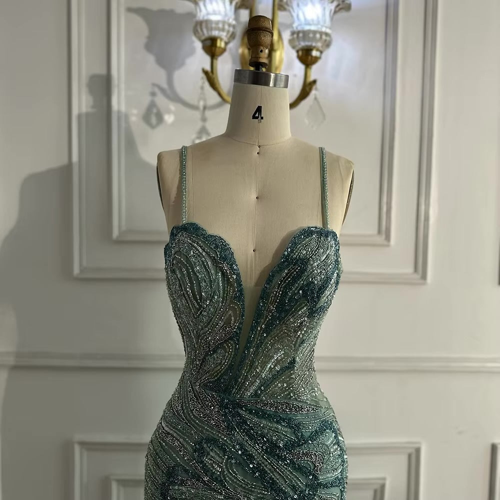 Beaded Evening Gown Available in Emerald Green & Nude
