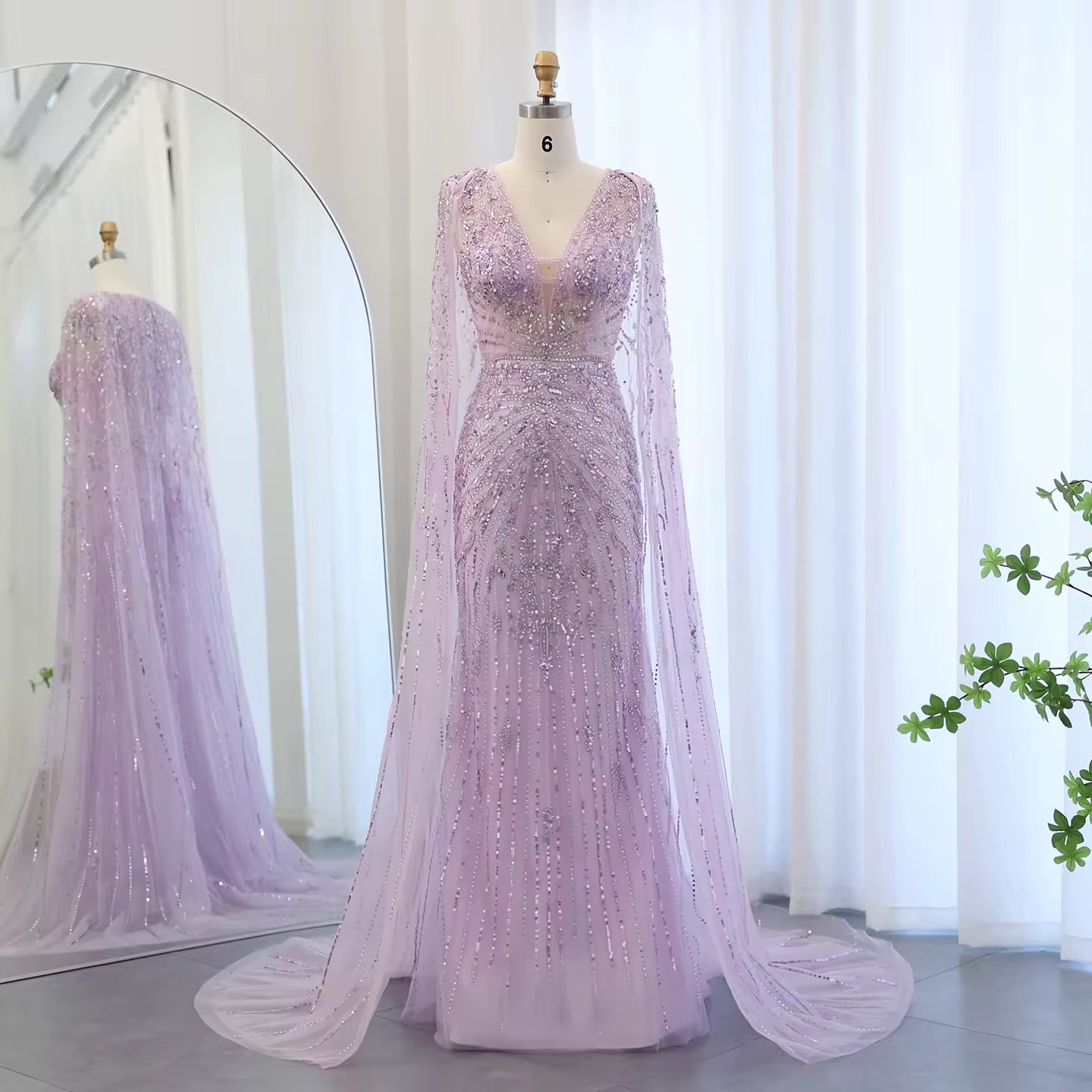 Luxury Evening Dress with Cape V-Neck