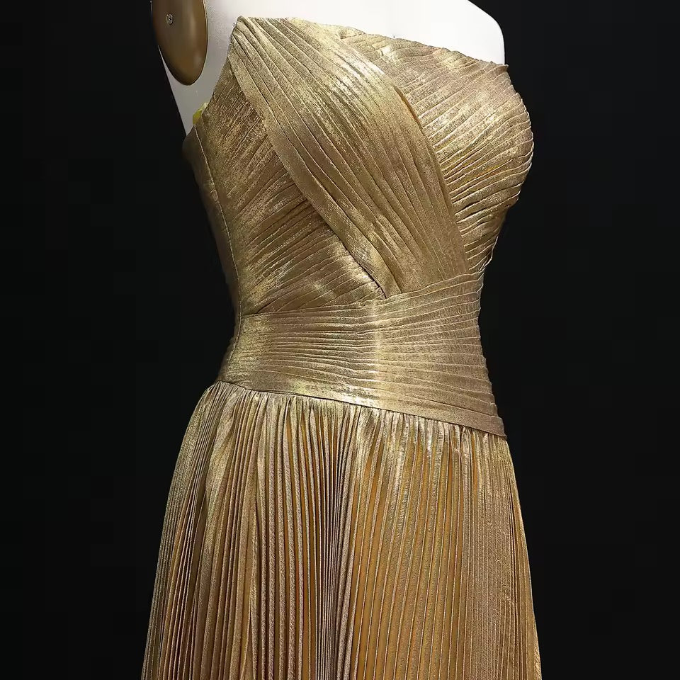 “Gleaming Gold” Gown – Strapless Metallic Pleated Dress with Sculpted Corset Bodice