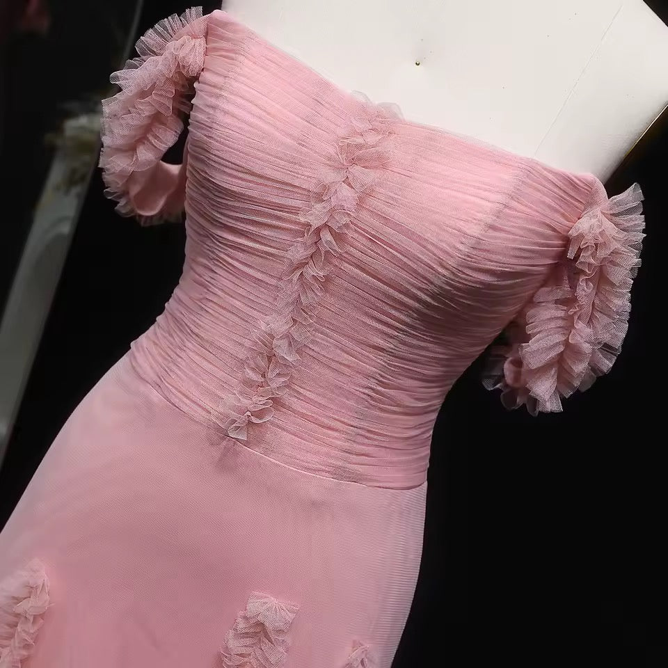 Pink tulle dress with soft pleated embroidery and feminine off-shoulder design