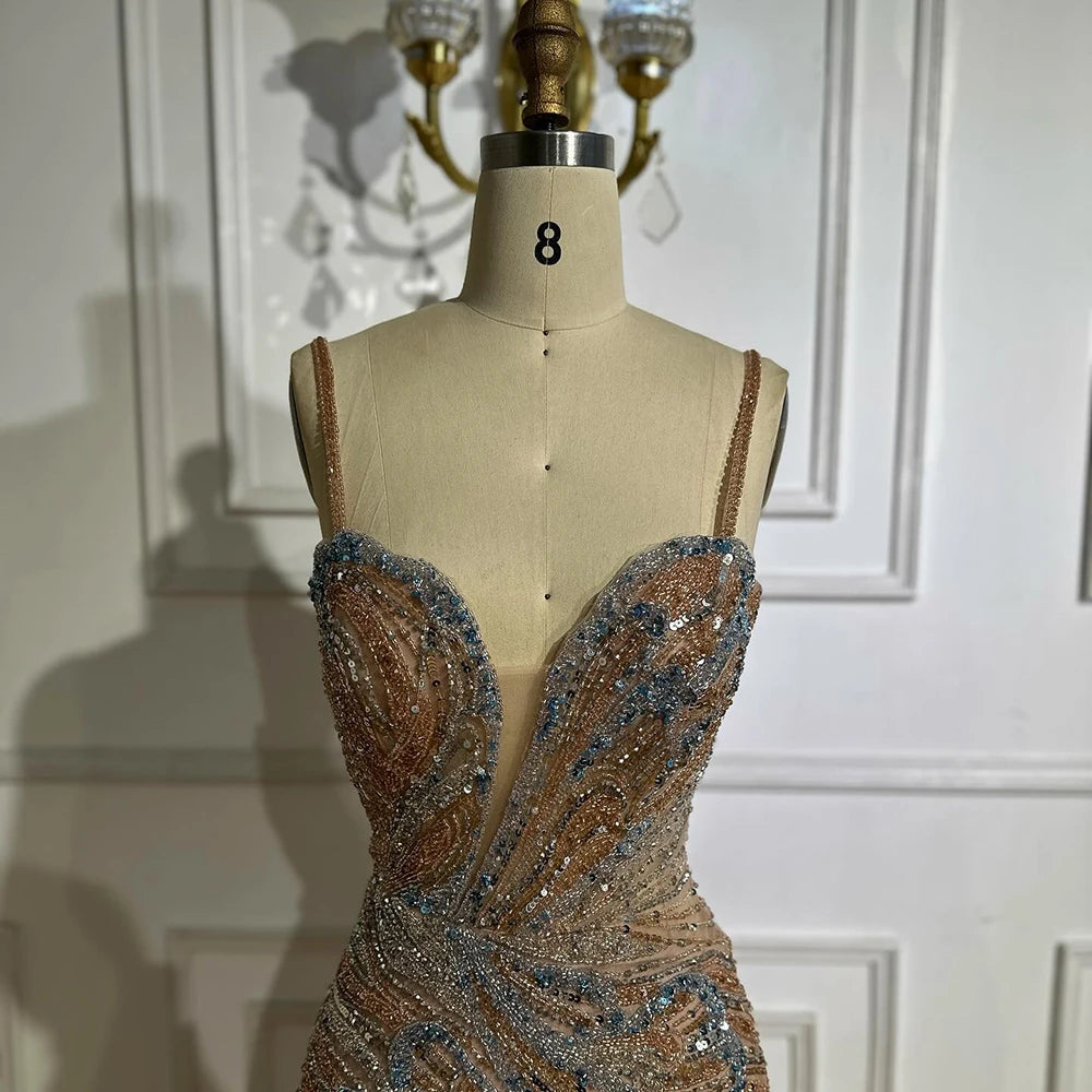 Beaded Evening Gown Available in Emerald Green & Nude
