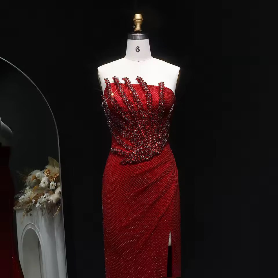 Flame of Elegance” Dress Burgundy Embellished with Crystals Featuring a Side Slit
