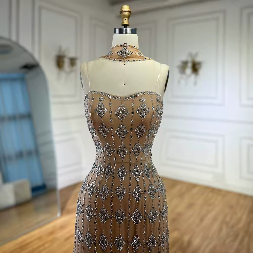 Nude Strapless Beaded A-Line Evening Dress