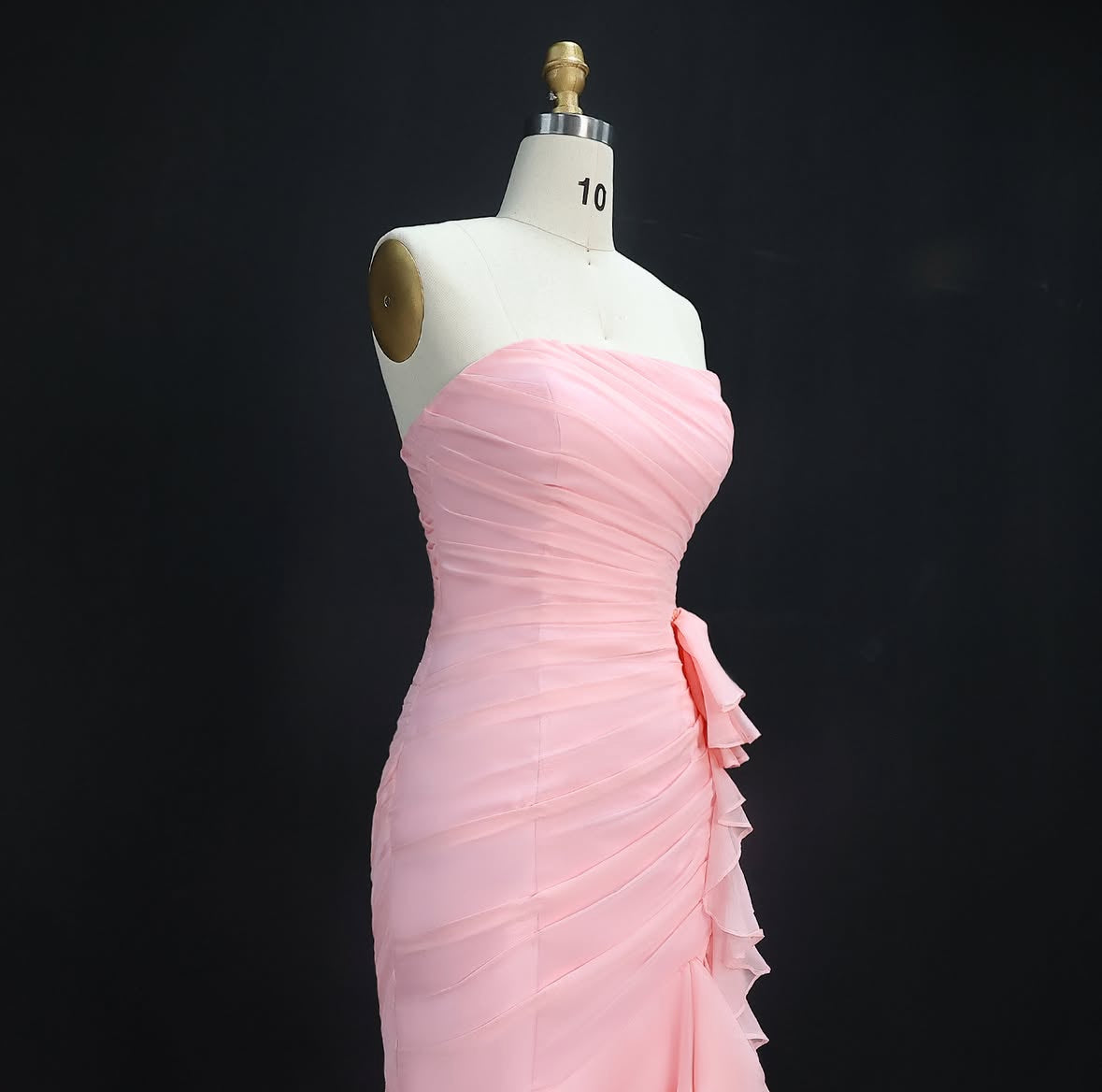“Rosette Bloom” Strapless Ruffled Gown with Draped Bodice and Cascading Layers