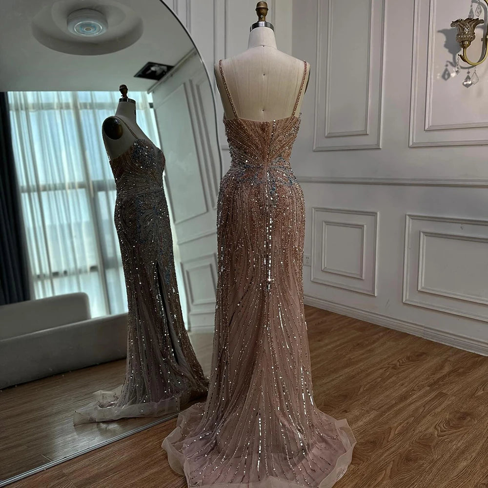 Beaded Evening Gown Available in Emerald Green & Nude