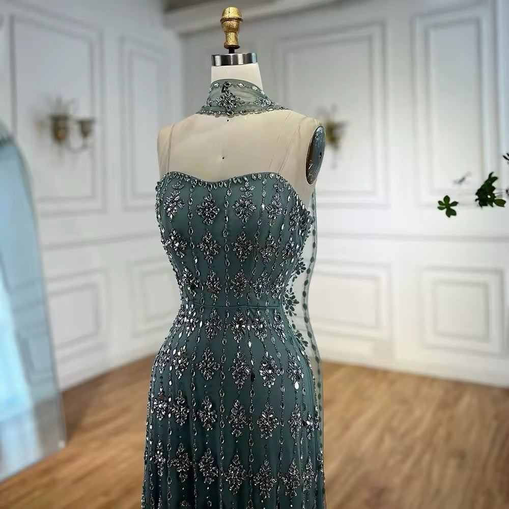 Nude Strapless Beaded A-Line Evening Dress