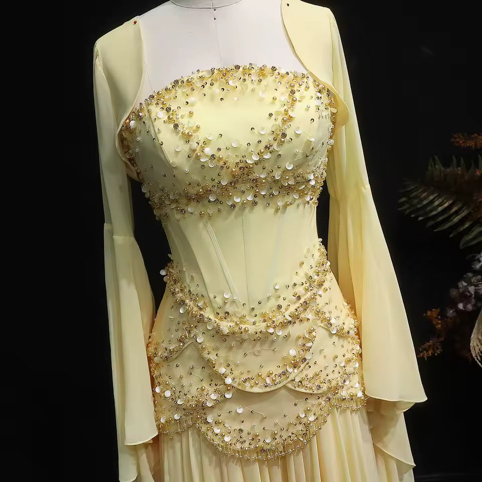 Sky Blue Layered Corset Dress with Pearls and Beads