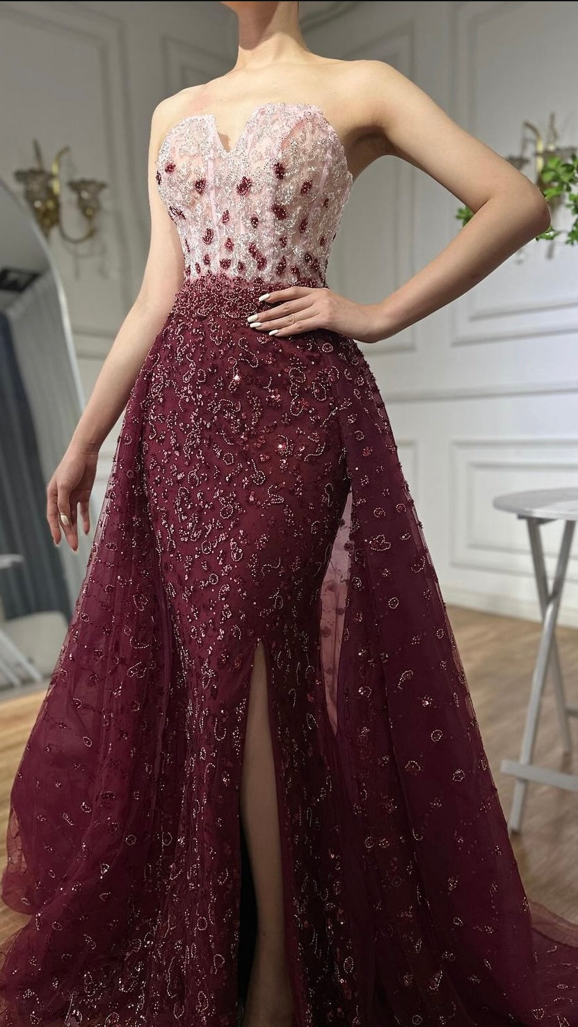 Elegant Burgundy-Blue Ball Gown with Embellished Corset