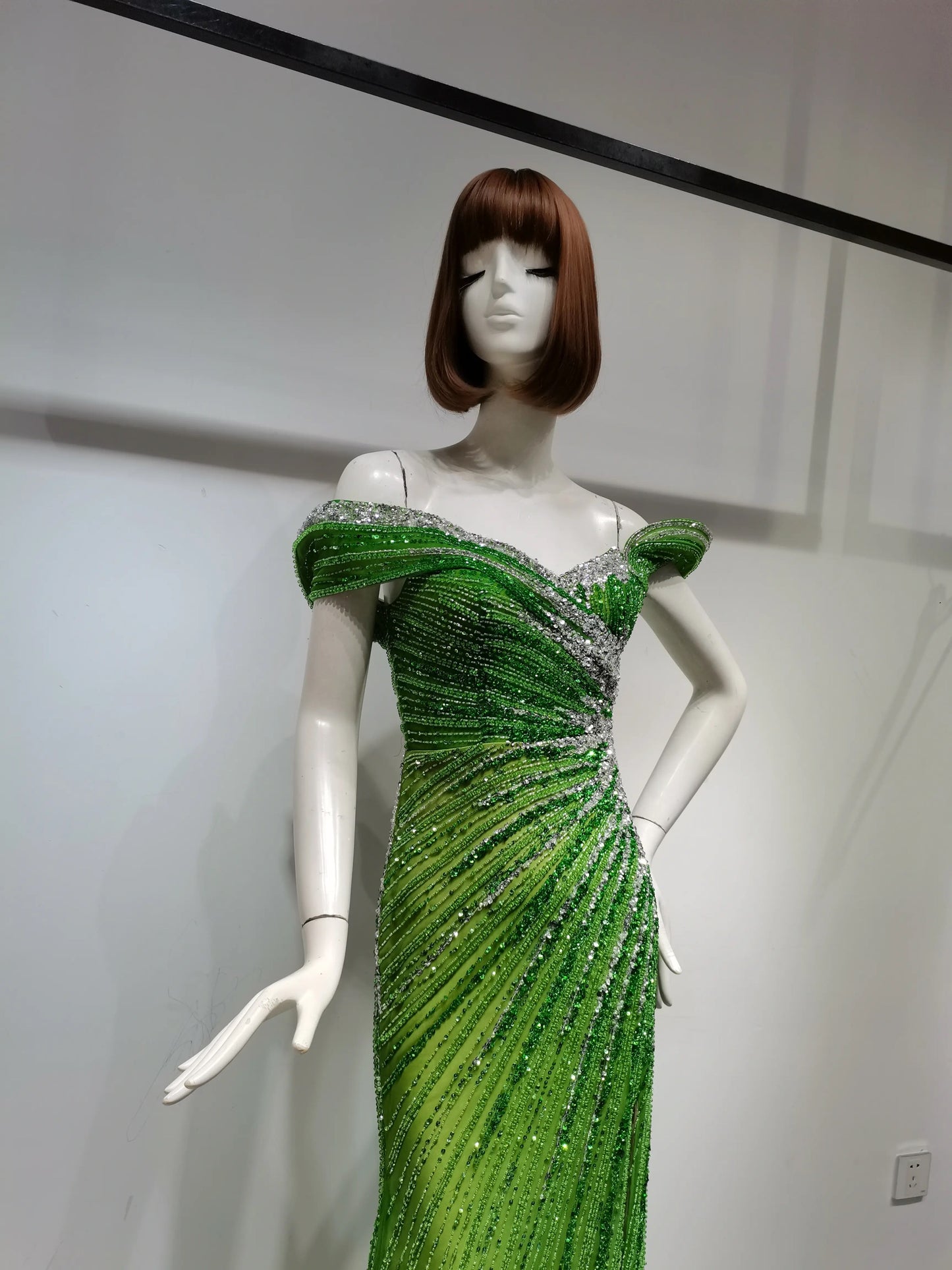 Emerald Enchantment Off-Shoulder Beaded Evening Gown