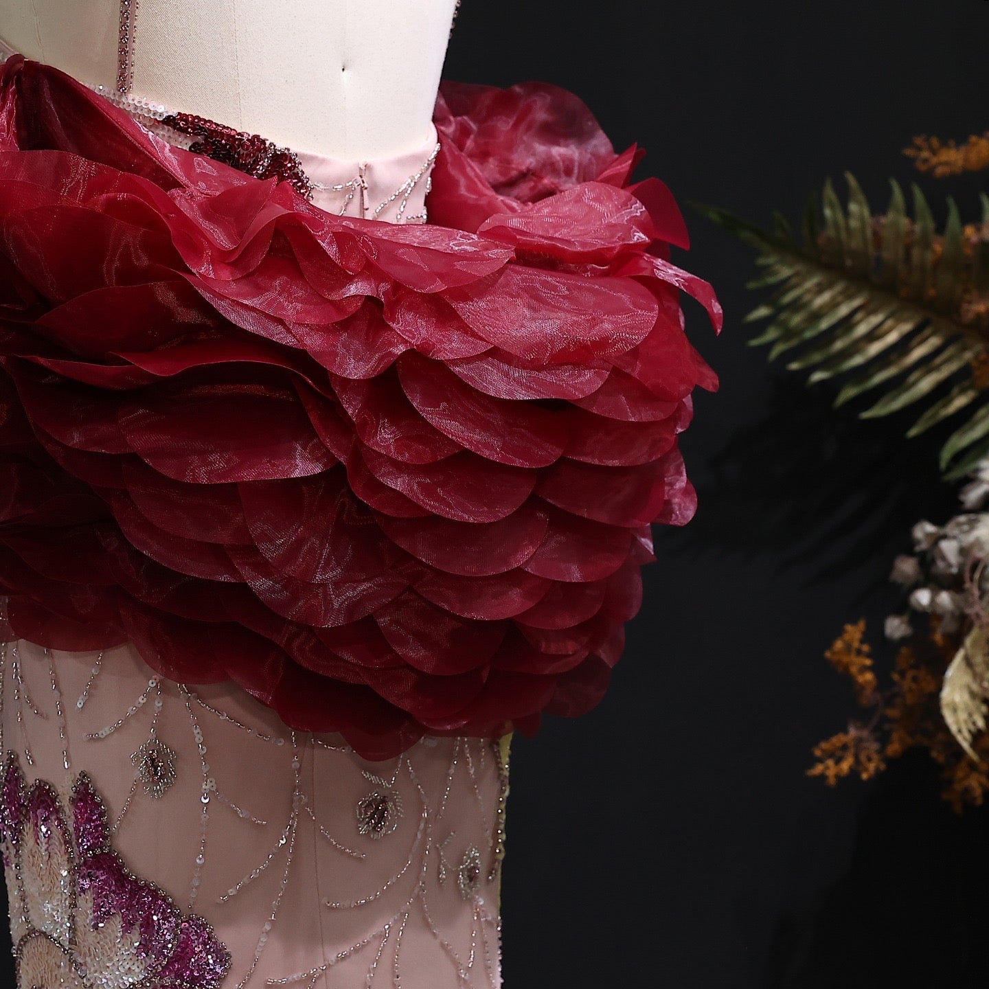 Pink Beaded Gown with Floral Embroidery and Burgundy Shoulder Shawl