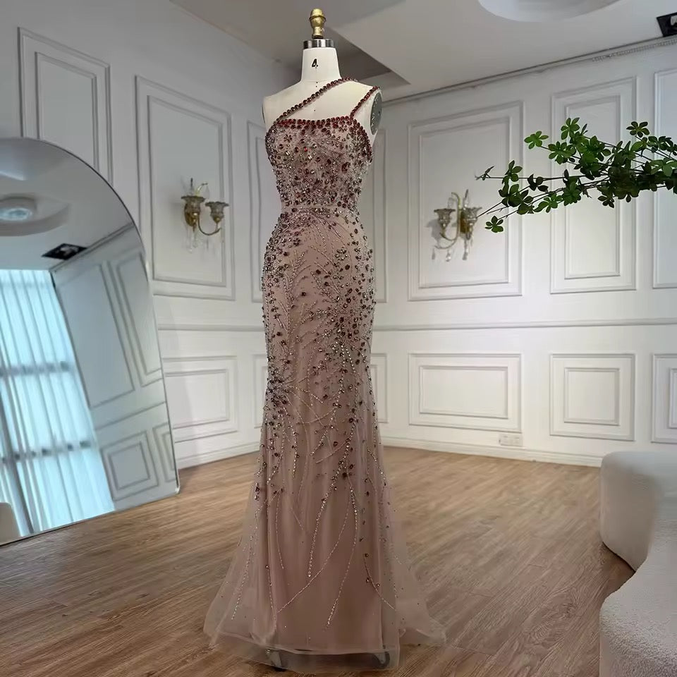 “Cherry Sparkle” Gown Red Crystal Beaded One-Shoulder Design