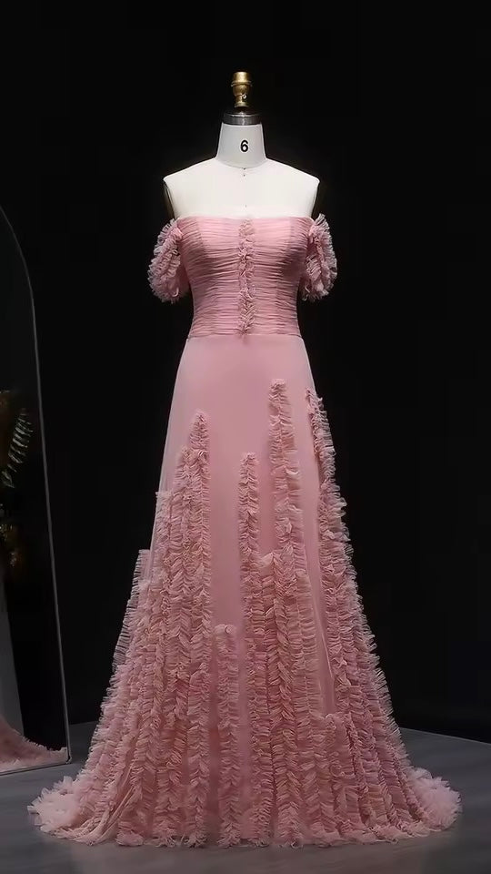 Pink tulle dress with soft pleated embroidery and feminine off-shoulder design