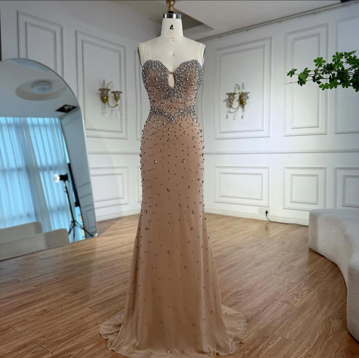Beige Fully Embellished Evening Gown with Matching Gloves