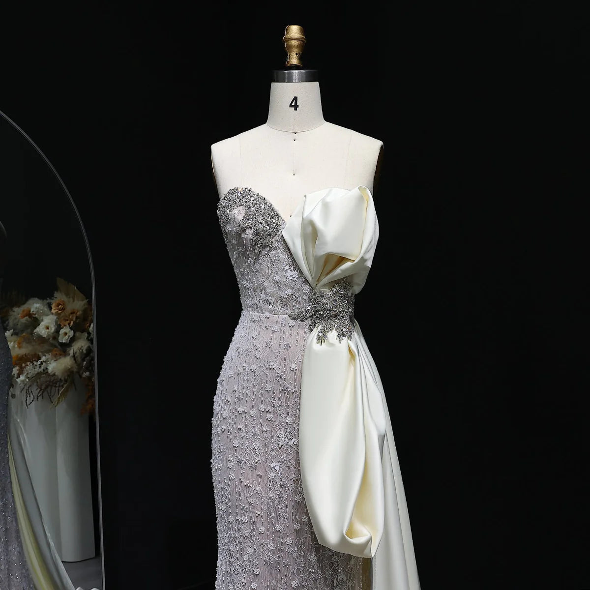 Strapless Crystal Gown with Satin Side Bow and Train