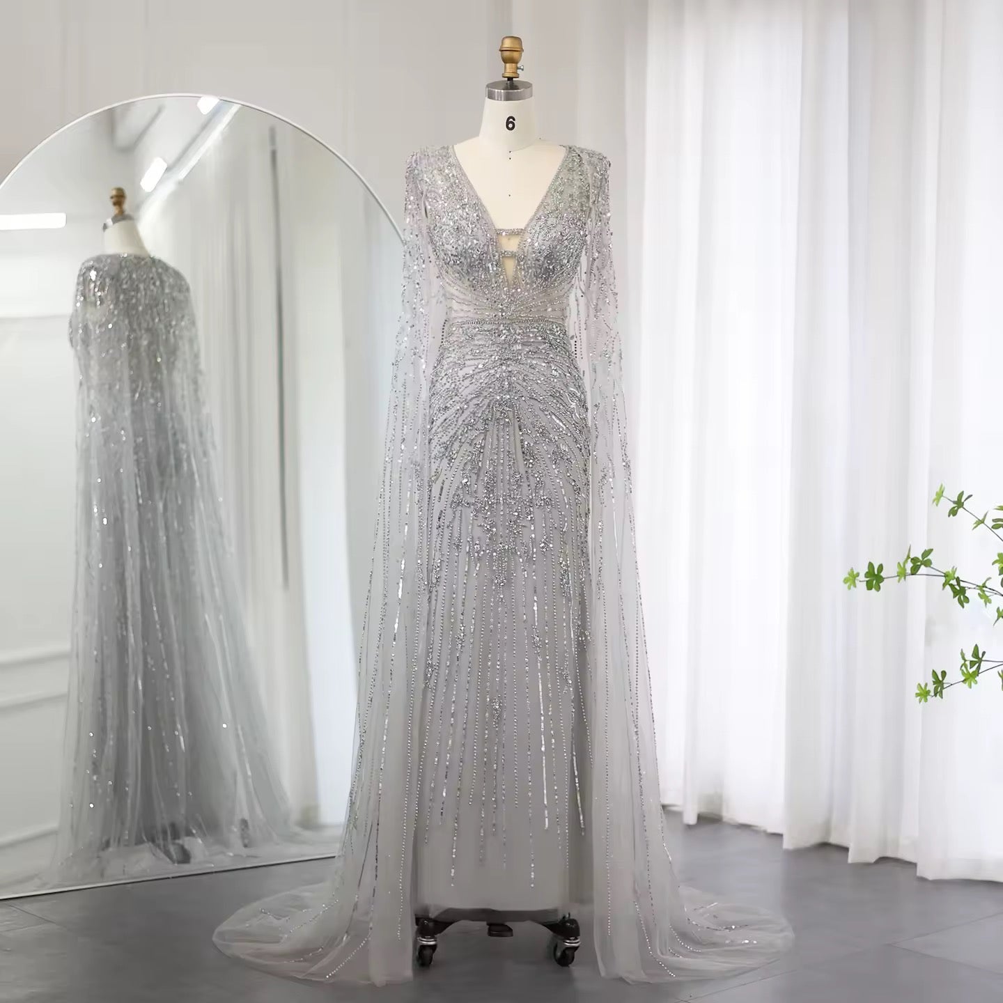 Luxury Evening Dress with Cape V-Neck