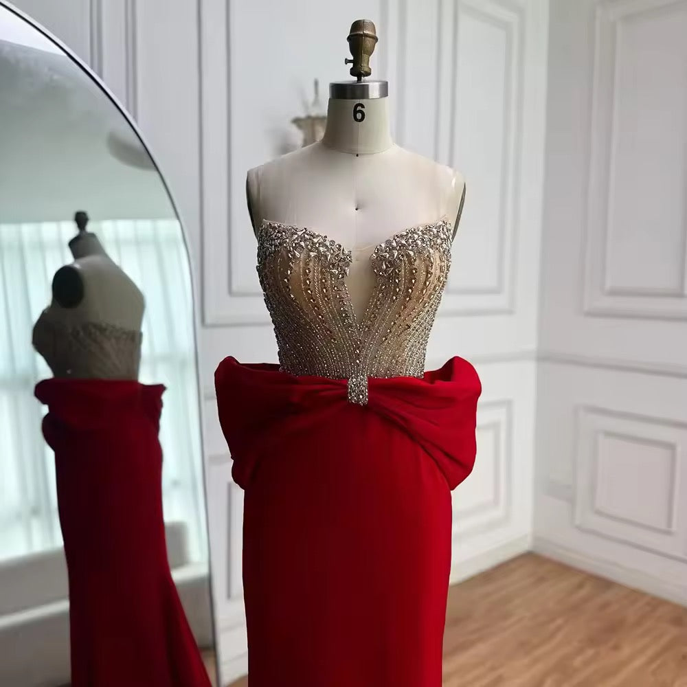 Red Evening Gown with Statement Bow & Luxurious Beading