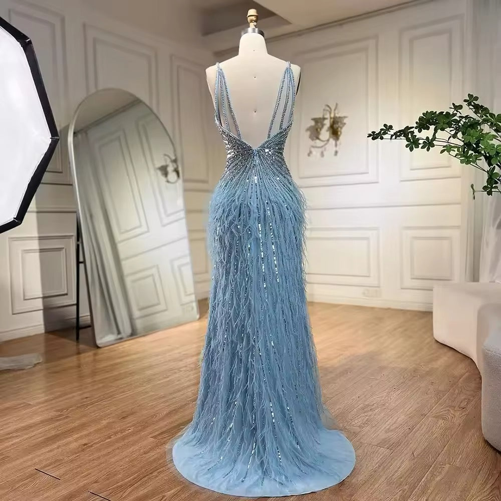 Luxury dress decorated with crystal and feathers