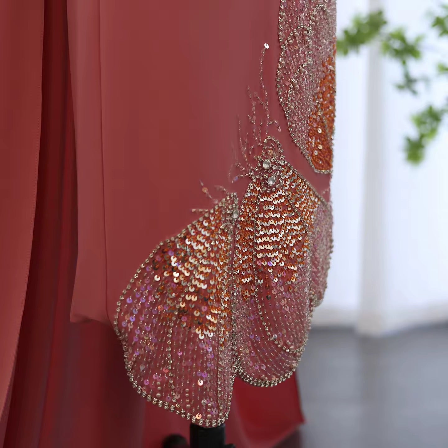 Elegant Fitted Gown with Beaded Butterfly Detail