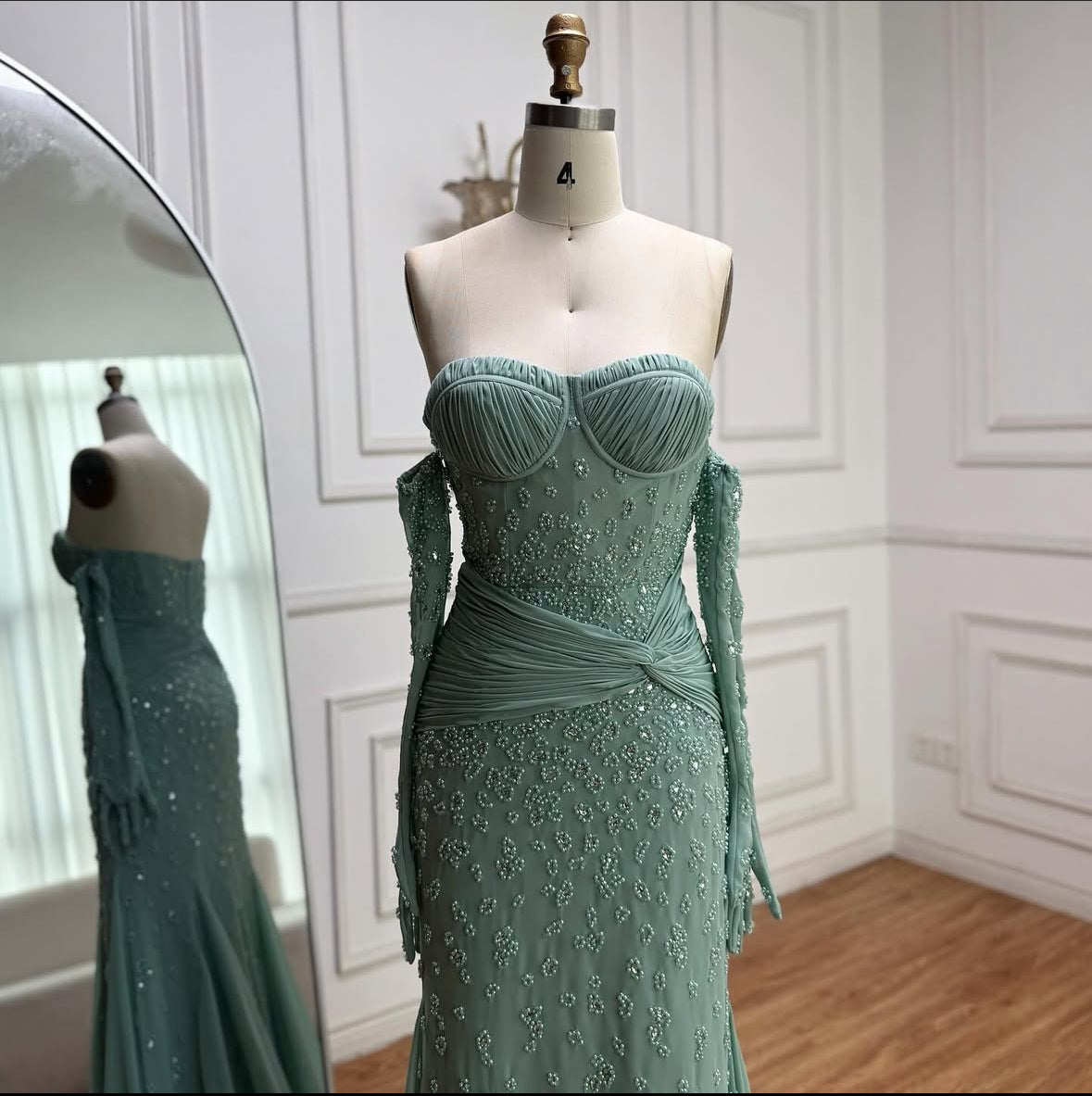 Sage Green Embellished Gown with Coordinated Gloves