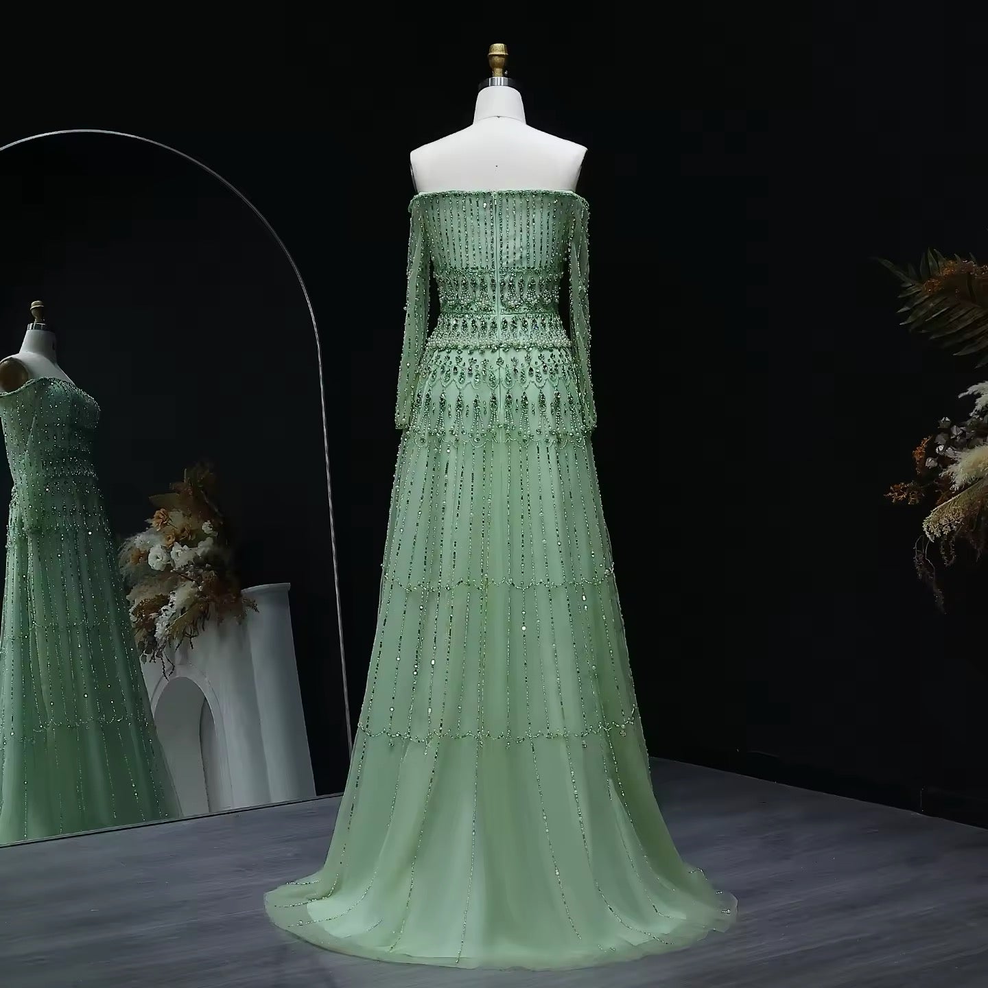 Luxury Beaded Sage Green A-Line Off Shoulder Evening Dress