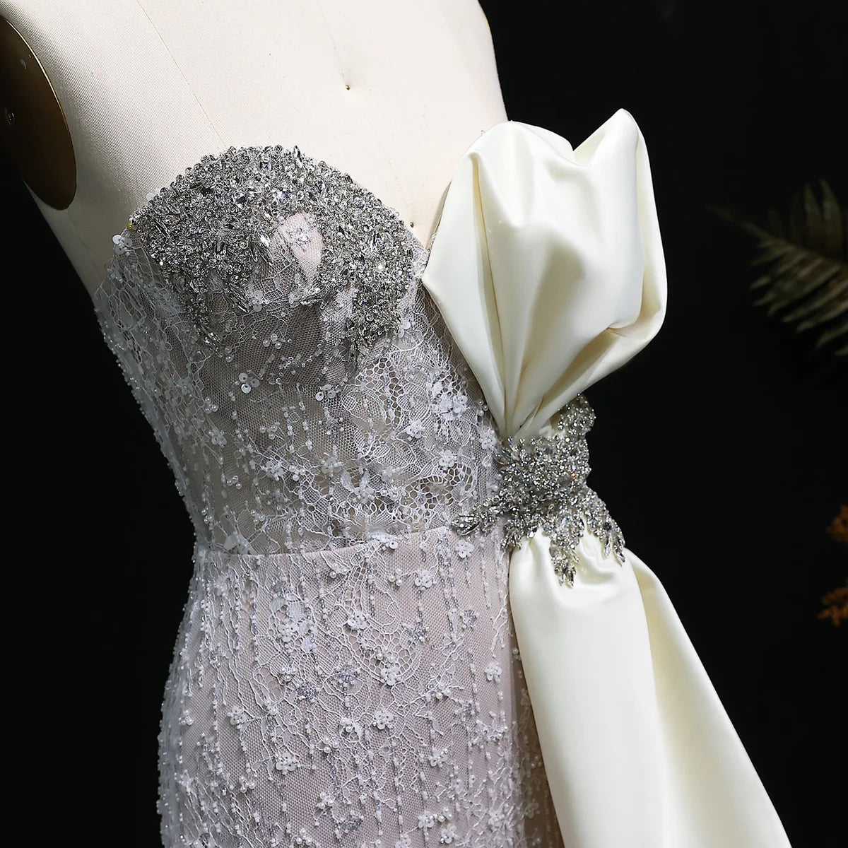 Strapless Crystal Gown with Satin Side Bow and Train