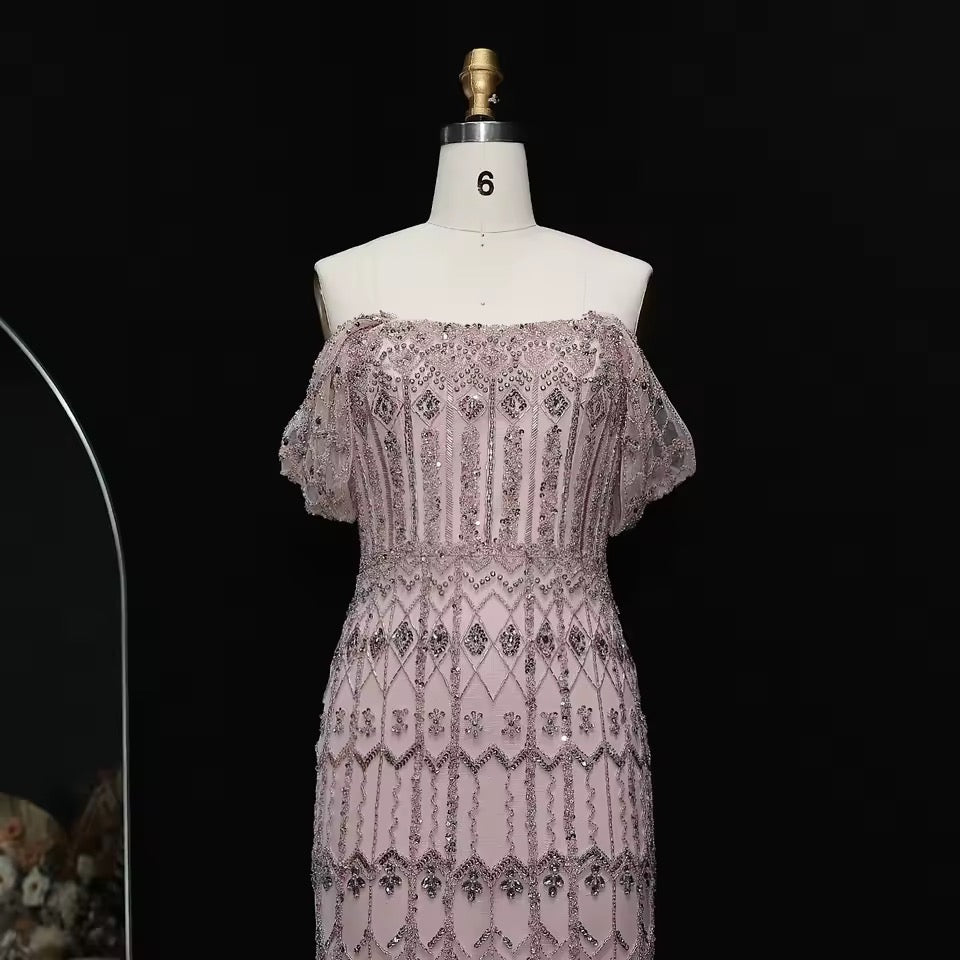 Crystal Glow” Gown – Off-shoulder embellished evening dress, available in two sleeve styles