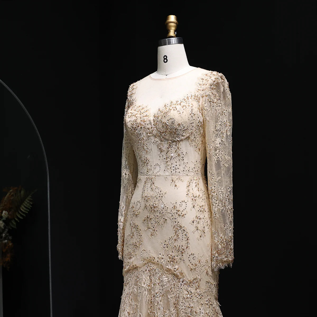“Lace Elegance” Gown – Beaded Gold Embroidery in Mermaid Silhouette