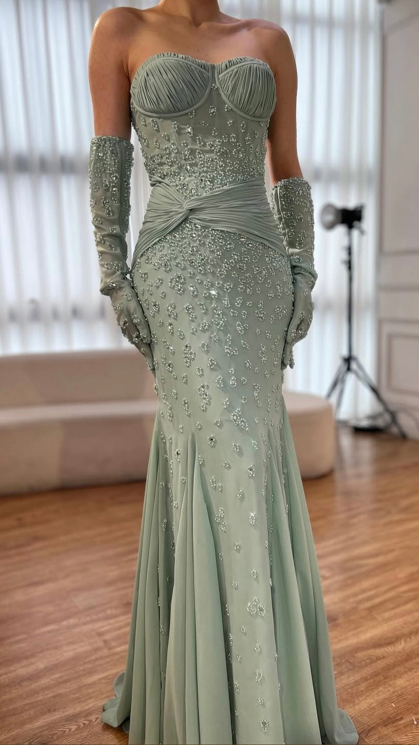 Sage Green Embellished Gown with Coordinated Gloves