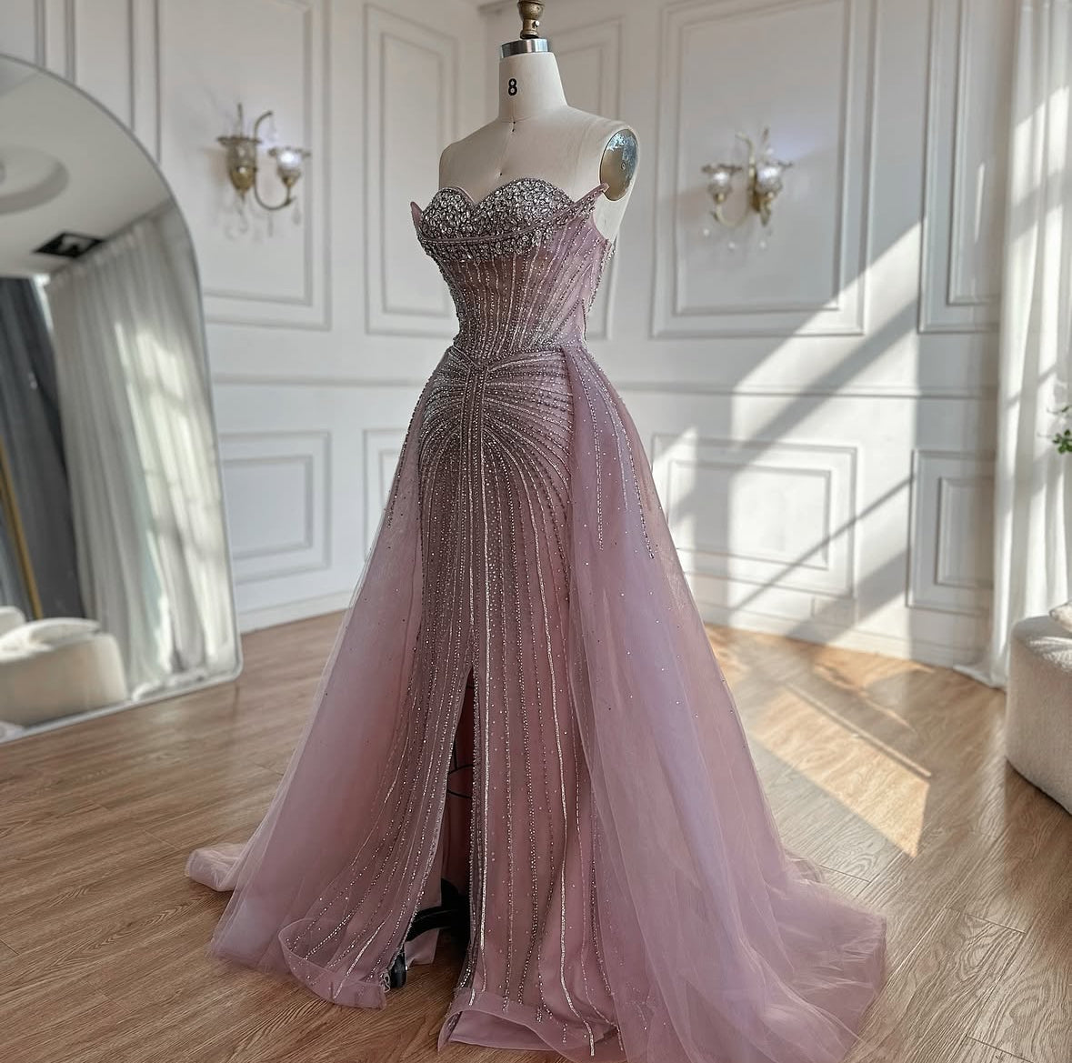 2025 Crystal Beaded Evening Gown with Overskirt