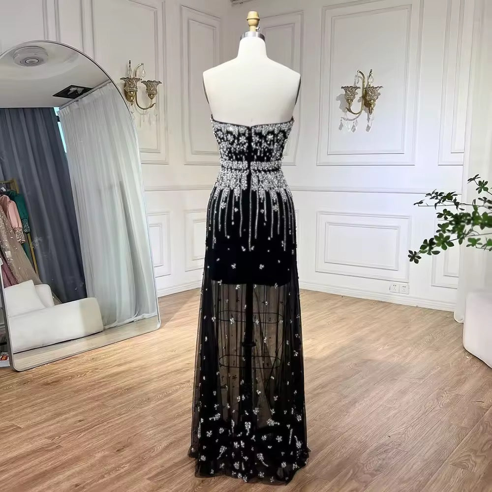 Black Puff Sleeves Evening Dress Gowns Beaded