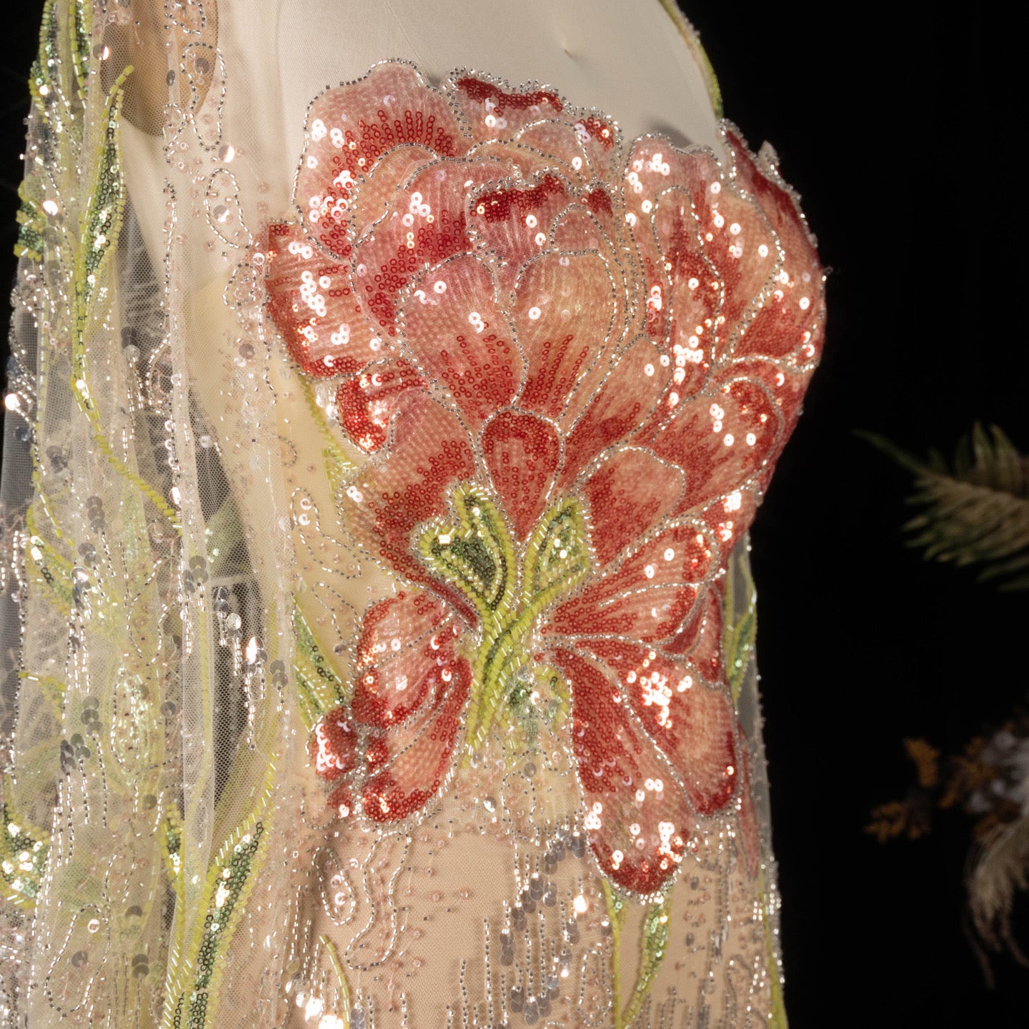 Floral Embroidered Crystal Gown with Fringed Cape Sleeves